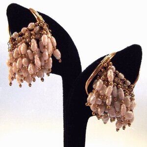 Freshwater Pearl Earrings 14kt Gold Ear Hoop Clusters Designer Jewelry 15429